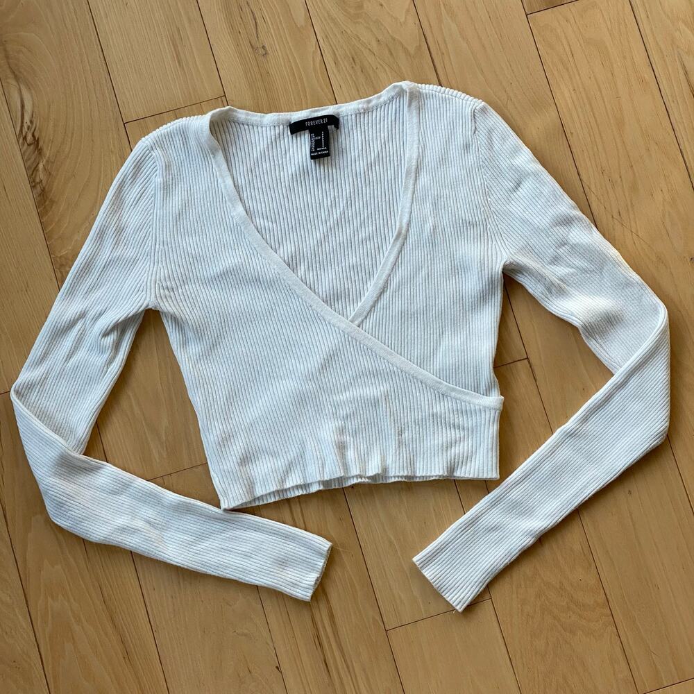 Soft Girl Balletcore White Wrap Crop Top Pilates Princess Coquette Ribbed Knit